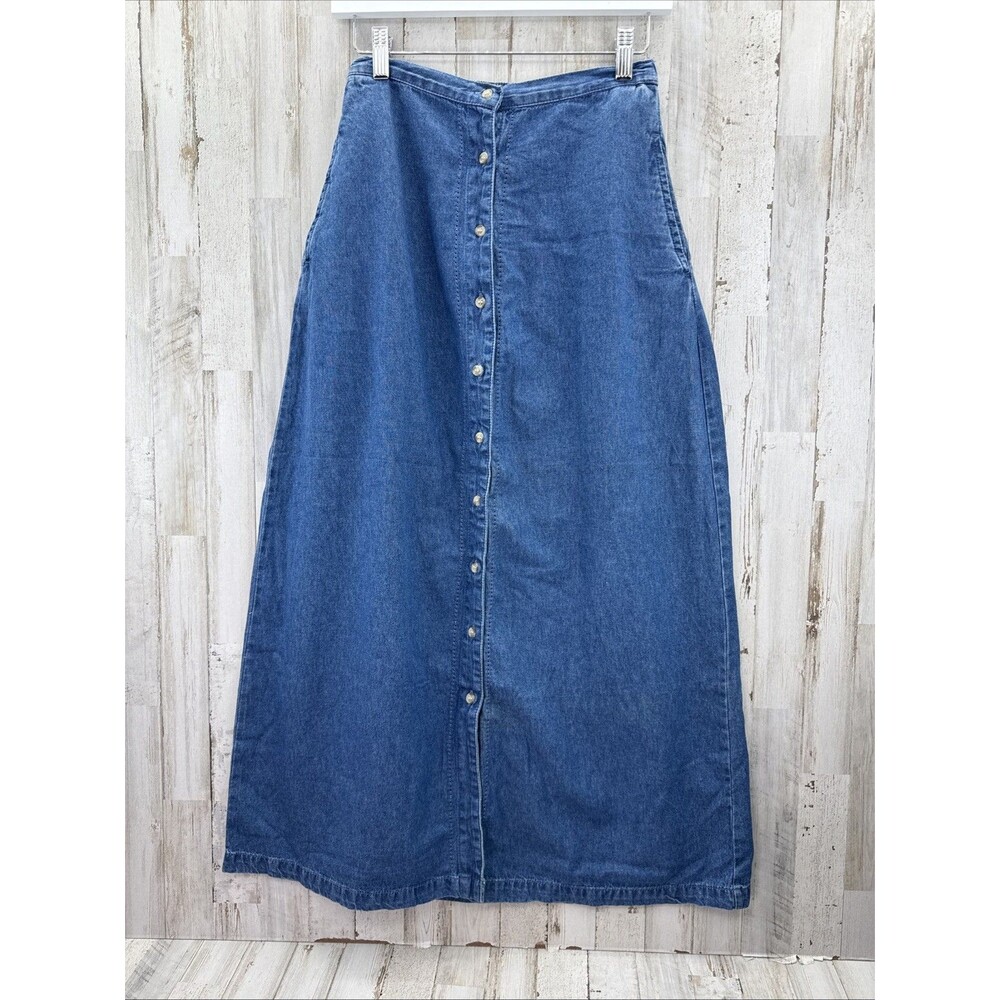 Vintage A-line Denim Maxi Skirt Size S 4-6 Button Up Prairie Festival 90’s Boho